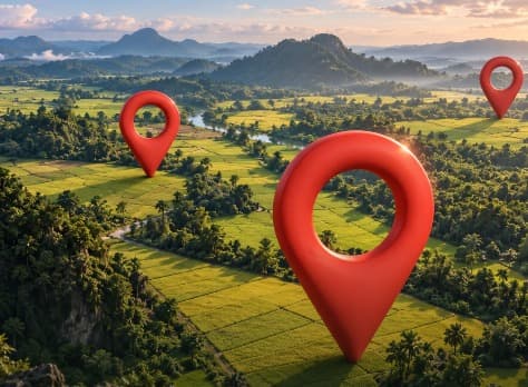 Aerial view of green farmland with location pins marking plots